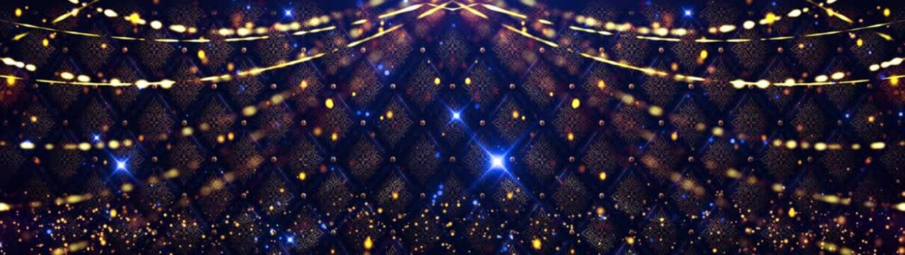 Luxury Dark Blue Thai Pattern Background with Golden Light Streaks and Particles