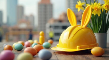 Hard hat with bunny ears on wooden table surrounded by colorful easter eggs and daffodils. Construction tools and building site in background. Holiday safety concept blending workplace with spring