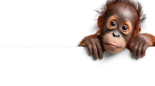 Baby orangutan peeking over a blank white background for copy space