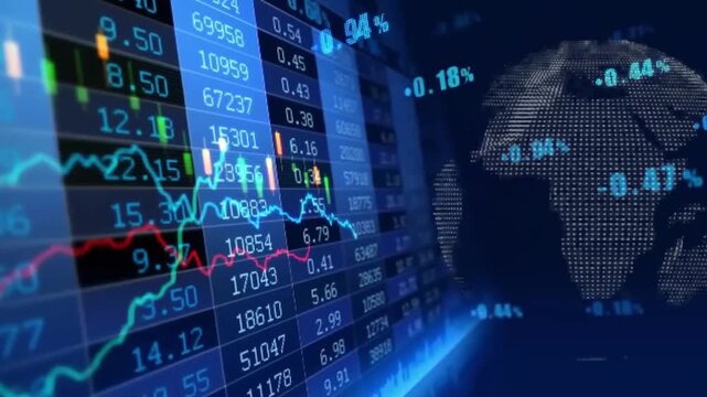 A video showcasing a growing trend with a blue arrow pointing upwards in a dark background with a bar graph and line graph
