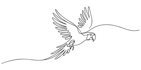 Fototapeta premium Flying parrot bird in single outline illustration. Continuous line art drawing of cockatoo bird, parrot flying, one continuous line drawing, on a white background, vector, National Bird Day. minimal.