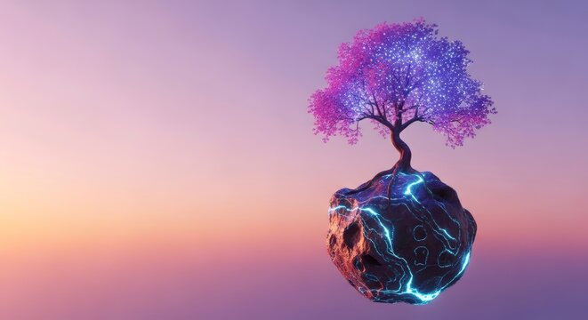 Tree on a glowing planet earth.