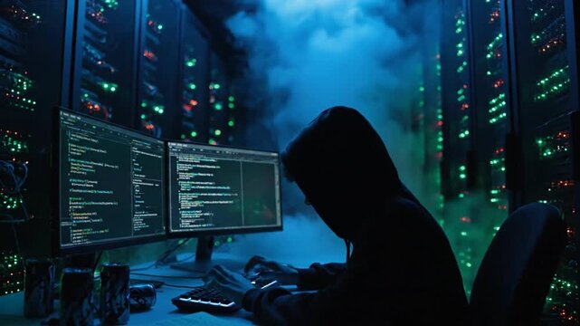 A hooded figure intensely works on computer screens in a dark, smoky server room.