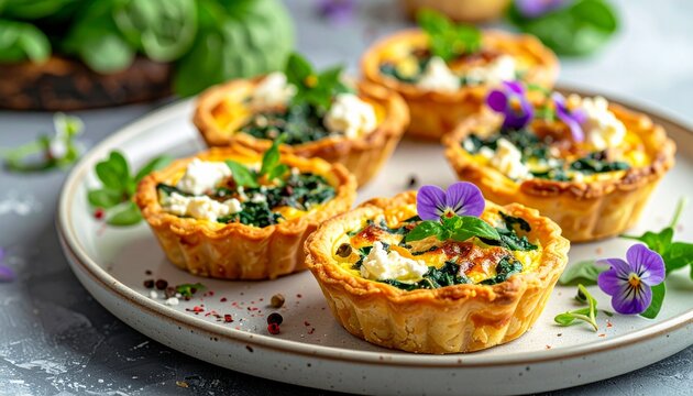 Kleine, goldbraun gebackene Mini-Quiches mit Spinat und Feta