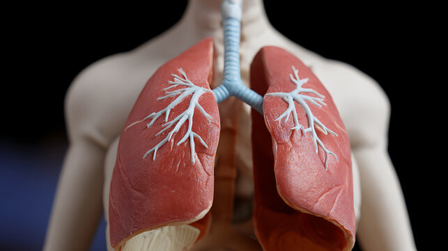 Detailed anatomical model shows human lungs and respiratory system structure with trachea and bronchia for healthcare education and medical study