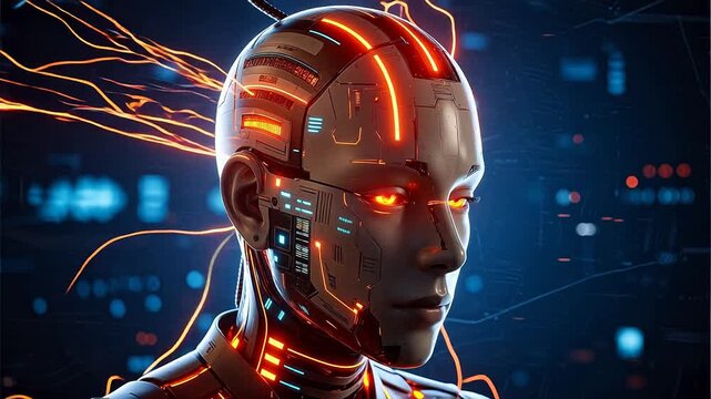 Cyborg head with glowing circuits