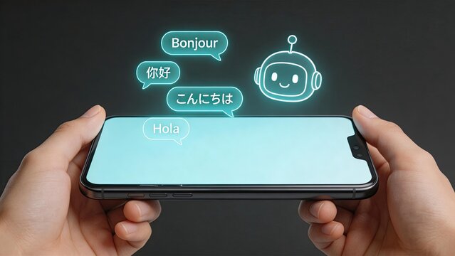 Hands holding a smartphone displaying a chatbot with multilingual speech bubbles including Bonjour Hola Chinese and Japanese representing AI translation technology