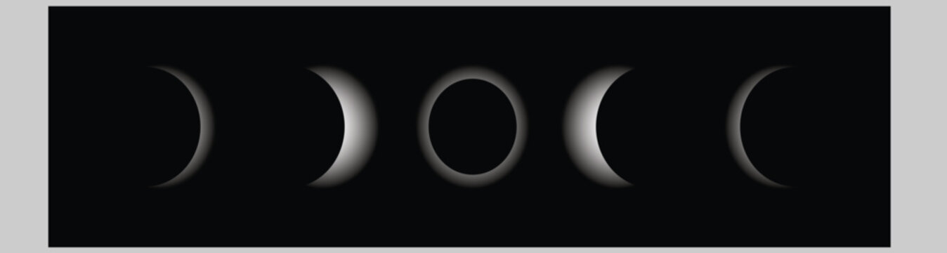 Moon phases set on black background showing new moon, crescent, half moon, full moon, and eclipse. Total Lunar Eclipse.