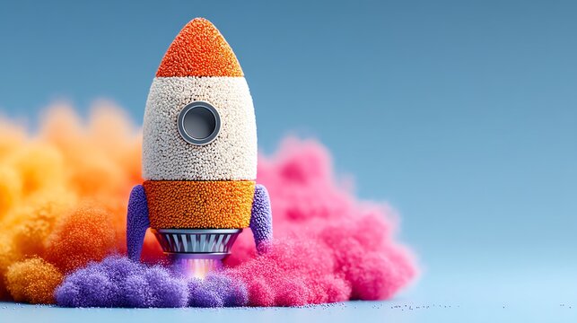 Colorful toy rocket surrounded by vibrant clouds of pink, orange, and purple against a blue background symbolizes creativity, imagination, and exploration