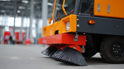 Fototapeta premium Industrial floor sweeping machine detail view: large orange and grey cleaning vehicle with rotary brush on concrete surface, factory background