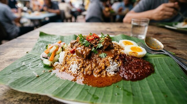 Delicious Nasi Lemak served on banana leaf with boiled eggs and sambal