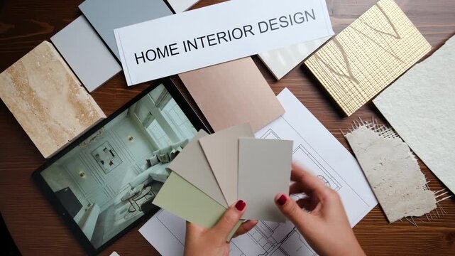 Interior designer hands with fanning color samples for bedroom makeover
