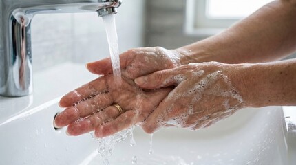 Fototapeta premium Close-up of hands being washed with soap and water in a sink, hygiene concept