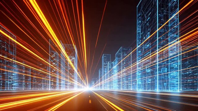Futuristic cityscape with glowing buildings