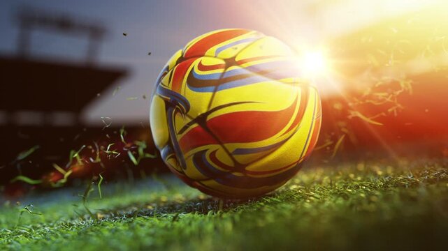 Patterned soccer ball on grass at sunset.