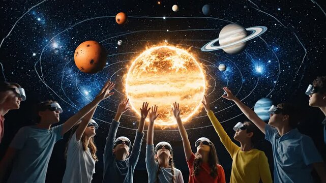 People in virtual reality exploring the solar system with planets and stars