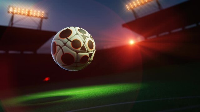 Geometric pattern ball hovering over night field.