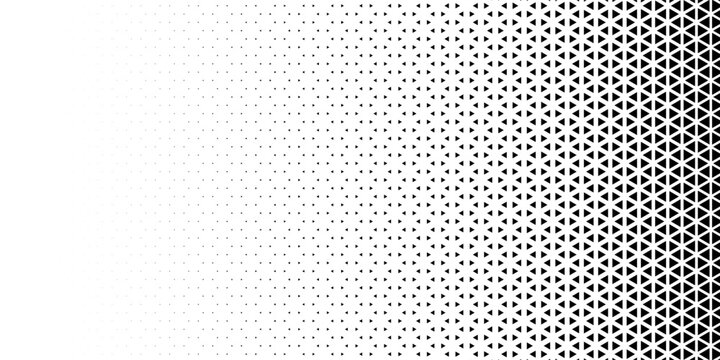 Black and white halftone triangles pattern. Abstract geometric gradient background. Vector illustration.