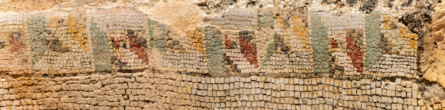 Panorama of a tile mosaic around the rim of an early Christian baptismal font at Bulla Regia, outside of Jendouba, Tunisia