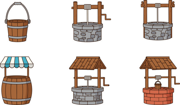 Set of medieval water well vector illustrations featuring stone and brick bases with wooden roofs and pulleys.