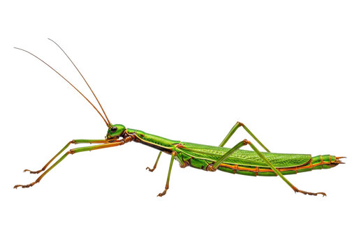 a solitary emerald green and rust orange phasmid stick insect captured in a hyper-detailed macro studio photograph, showcasing complex segmented anatomy against stark white, scientific observation
