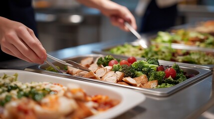 Obraz premium School cafeteria with nutritionist redesigning lunch menu display, removing high calorie options while adding colorful whole food alternatives for students, ideal for childhood obesity prevention,
