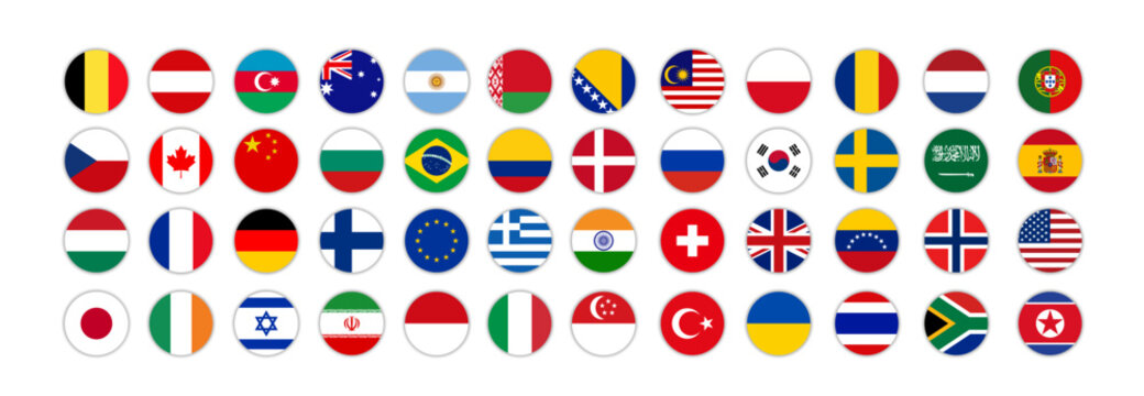World Flags Circular Icons Set - International Country Flags Collection in Round Button Style on White Background