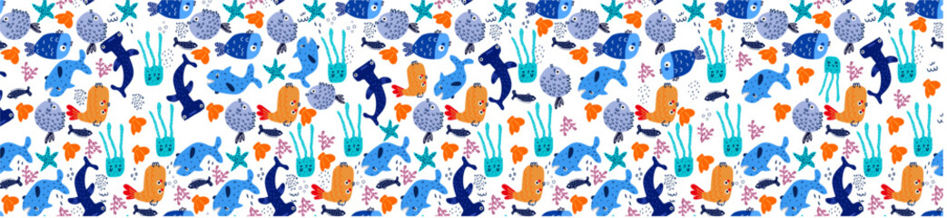 Cute Underwater Sea Animals Cartoon Vector Background © Fernandes