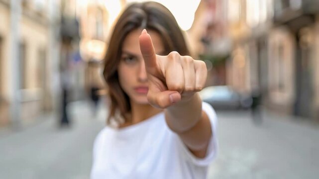 Young woman pointing her fist toward the camera in an urban environment conveying confidence empowerment and focus