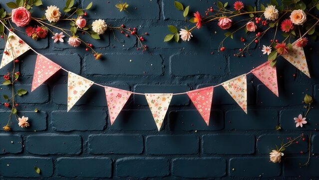Floral bunting adorns a dark brick wall, creating a charming and festive backdrop for celebrations or announcements.