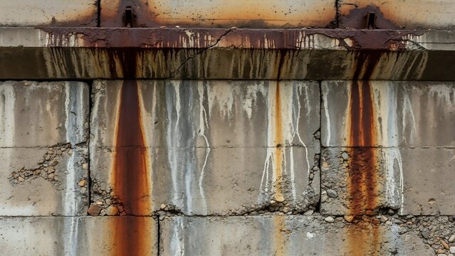Close-up of rusty metal with dripping rust texture, showing severe corrosion on old iron over a weathered and cracked concrete wall