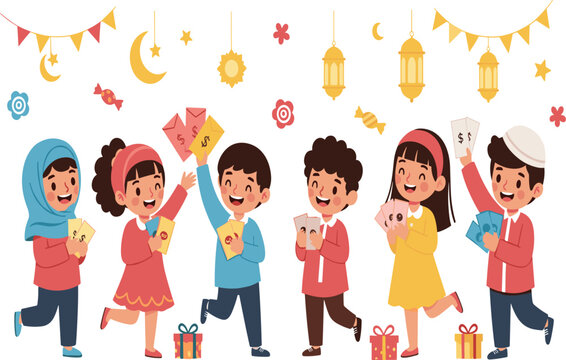 Group of Happy Muslim Children Celebrating Eid Mubarak and Ramadan Kareem While Holding Eidi Money Envelopes with Festive Lanterns and Crescent Moon Decorations