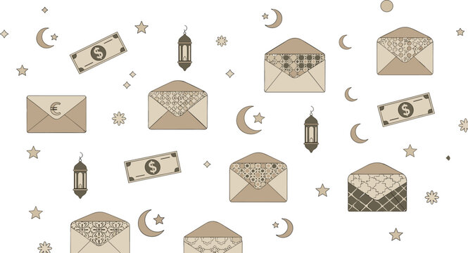 Islamic Eidi Money Gift Envelopes Vector Set with Crescent Moon Stars and Lanterns for Ramadan Kareem and Eid Mubarak Traditional Celebration Designs