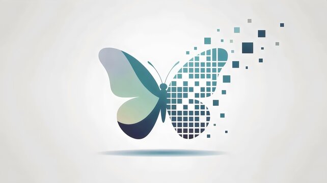 Minimalist butterfly icon with pixel dispersion &ndash; Ideal for software updates, digital integration, or tech-nature themes.