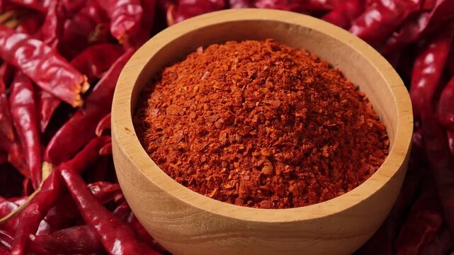 Chili powder in a wooden bowl.