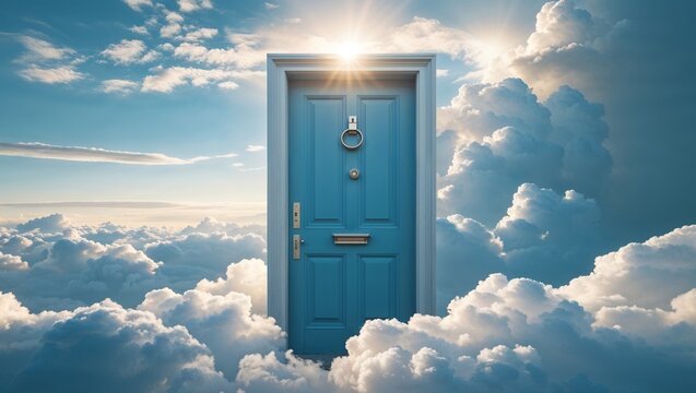 Giant blue door standing among clouds under sunlight for opportunity and new beginning concept