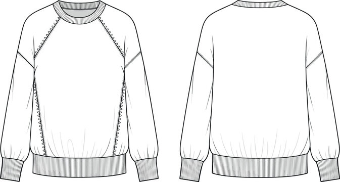 White sweatshirt technical fashion flat sketch with raglan seams ribbed crew neck long sleeves and elasticized hem for apparel design template.