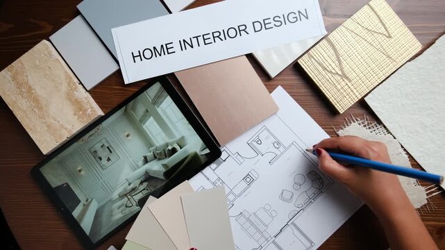 Interior design works on luxury living room deign with tablet, furniture layouts and material samples in her office at night
