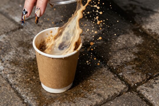 Coffee splash into takeaway cup on wet cobblestone street with manicured hand
