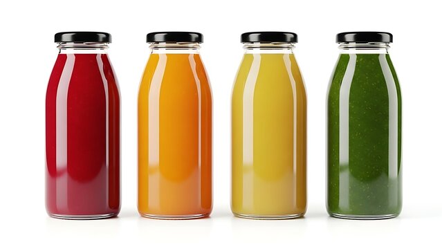 Colorful juice bottles in a row on white background
