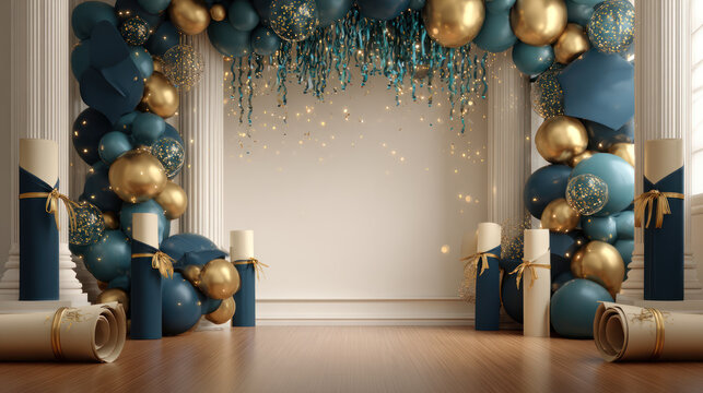 Graduation backdrop navy balloon arch gold balloon column teal confetti diploma scroll wooden floor sparkling light celebration.