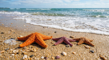 Kolorowe rozgwiazdy na piaszczystej plaży nad brzegiem morza.