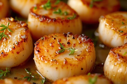 Perfectly seared scallops garnished with fresh thyme, showcasing a delicious golden-brown crust.