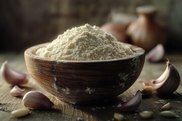 Fototapeta premium A rustic wooden bowl filled with flour surrounded by garlic cloves, creating a warm and inviting kitchen atmosphere.