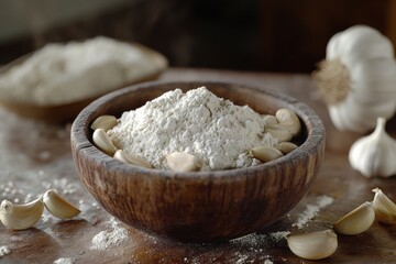 Fototapeta premium A rustic wooden bowl filled with flour, surrounded by garlic cloves, creating a warm and inviting kitchen atmosphere.