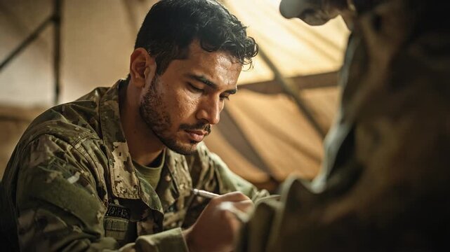 Close up portrait of a focused male soldier inside a tent during military deployment