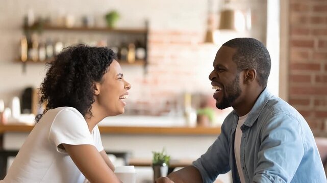 Young couple sitting at a cafe table leaning toward each other in an intimate conversation