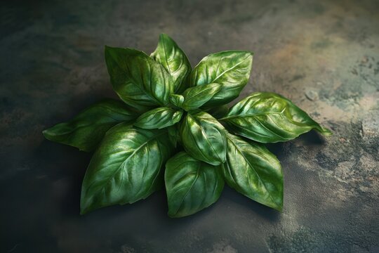 Fresh basil leaves arranged beautifully on a rustic background, showcasing vibrant green hues and smooth texture.