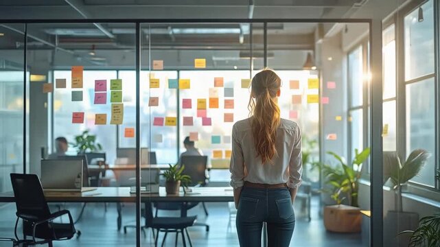Woman standing in modern office facing glass wall covered with colorful notes representing creative planning