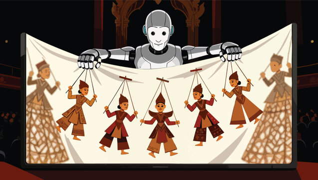 Robot puppeteer controlling traditional marionettes on a stage with audience vector illustration.